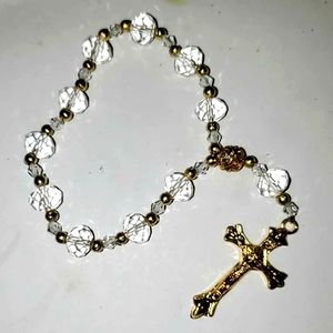 Hand Held Rosary Bracelet Marked Jerusalem Crystal & Golden Beads With Crucifix